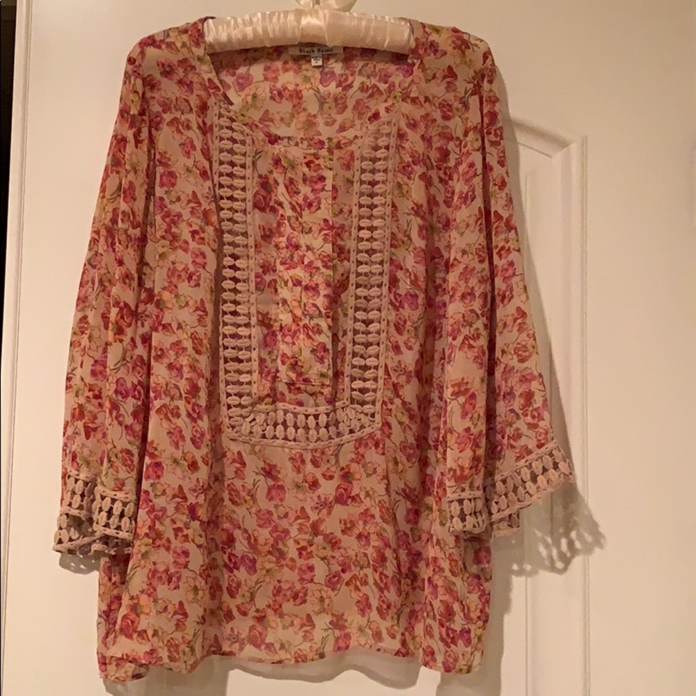 Black Rainn cute BOHO Tunic sheer floral cowgirl country Top XL